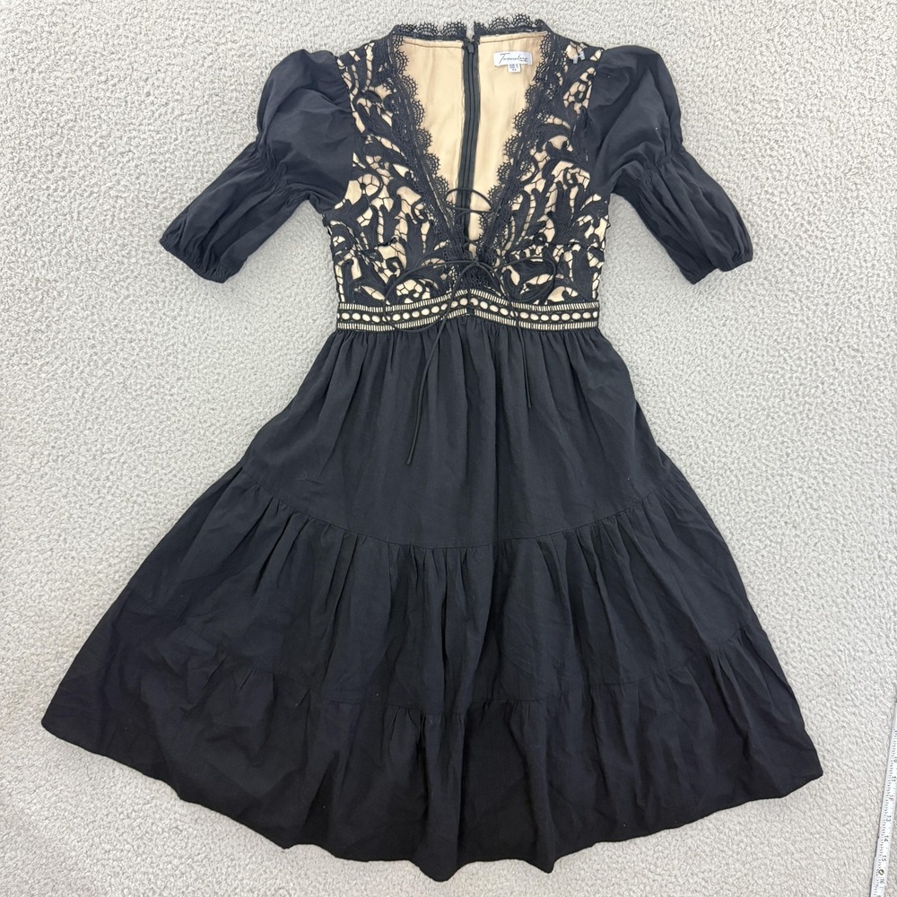 Twosisters The Label Dress Womens XS Black Lace Puff Sleeve Midi A Line Party